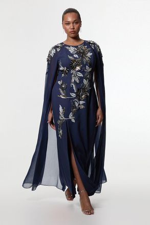 Karen Millen Womens Plus Size Floral 3D Embellished Drama Cape Sleeve Woven Maxi Dress - Navy - Size 18 UK