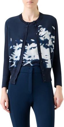 Akris Wildflower Print Silk Cardigan in Navy-Ecru at Nordstrom, Size 6
