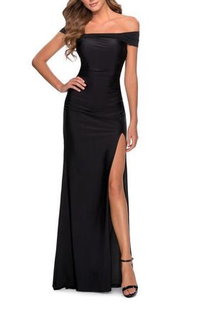 La Femme Off the Shoulder Dress with Tie Back and Slit in Black at Nordstrom, Size 12