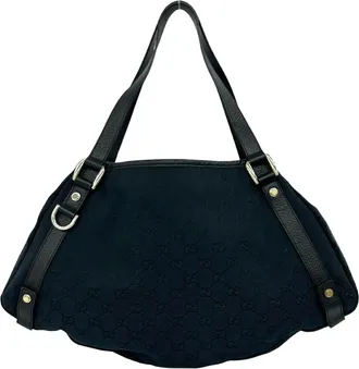 Gucci Black Navy Canvas Leather Shoulder Bag Tote Bag (Pre-Owned)