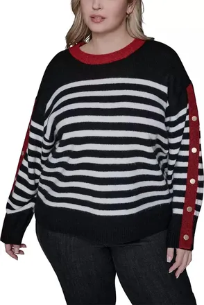 Karl Lagerfeld Womens Striped Sweater With Button Cuff Detail In Black White Maroon