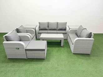 Fimous PE Rattan Garden Furniture Set Adjustable Chair Sofa Double Love Seat 2 Seater Sofa Lounge Set Rectangular Coffee Table Big Footstool 2 Side