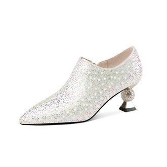 TinaCus Handmade Glittering Leather Pointed Toe Side Zipper Rhinestone Mid Spool Heel Shoes, Silver, 7 UK