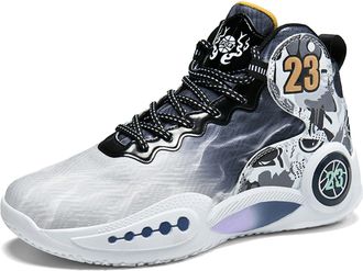 Generic Mens Basketball Shoes Breathable Anti Slip Sports Wear-Resistant Practical Training Boots Walking Shoes(White and Black,4.5 UK)