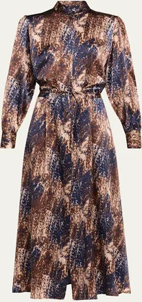 Kiton Long-Sleeve Abstract-Print Silk Drawstring Maxi Shirtdress