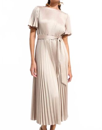 Joseph Ribkoff Pleated Satin Fit & Flare Dress In Sand