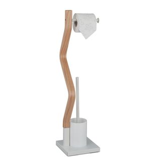 Relaxdays Relaxdays - Escobillero Portarrollos De Pie Dise&ntilde;o Curvo Blanco, Accesorio Ba&ntilde;o Acero, 75x18,5x18,5 Cm, Blanco/natural