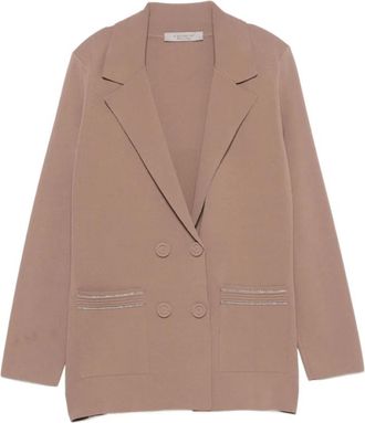 D.exterior Jassen, Dames, Bruin, S, Leer, Dubbelrijige Blazer met Versieringen