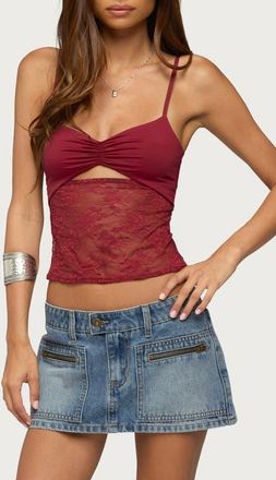 Edikted Damarie Sheer Lace Cutout Camisole in Burgundy at Nordstrom, Size X-Small