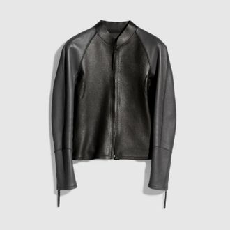 Gucci Grainy Leather Zip Jacket, Size 44 IT, Black