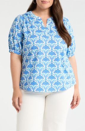 Sugarlips Elyse Geo Neli Puff Sleeve Cotton Top in Blues White Multi at Nordstrom, Size 3X