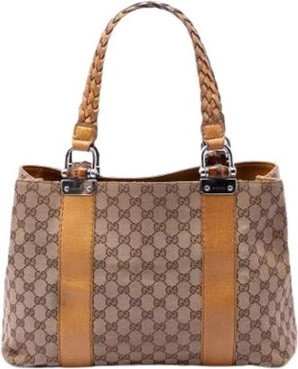 Gucci Pre-owned Canvas Tote Bag - Dames - Vintage Shopper - Beige - ONE Size - Leer - Vintage