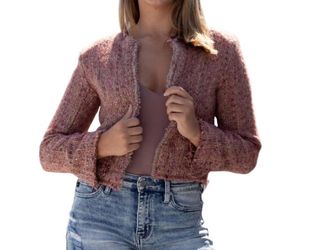 Dress Forum Woven Open Front Jewel Blazer In Jewel Brown