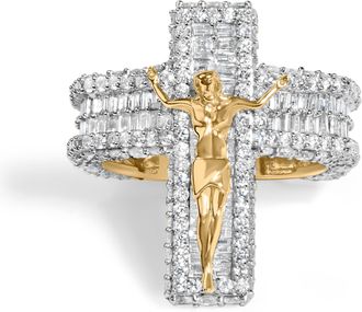 House of Brilliance Mens 10K Yellow Gold 5-2/5 Cttw Diamond Jesus Crucifix Cross Cocktail Ring