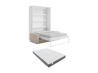 Vente-Unique Cama abatible 140 x 200 cm - Apertura vertical manual - Con LEDs - Blanco y natural + Colch&oacute;n + Sof&aacute; - RAPILI