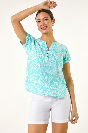 Roman Leaf Print V-Neck Button Top