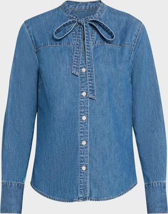 Veronica Beard Gabby Denim Tie-Neck Shirt
