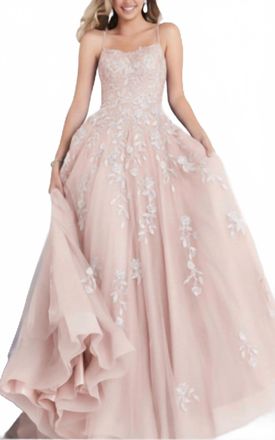 Jovani Spaghetti Strap Embroidered Prom Gown In Blush