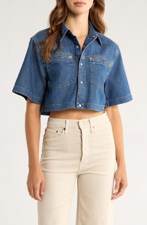 Re/Done Oversize Crop Denim Button-Up Shirt in Rustic Indigo at Nordstrom, Size X-Small
