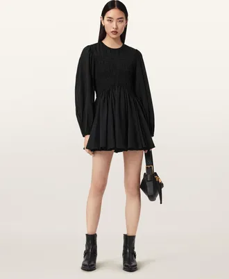 AllSaints Cotton/Viscose Chia Smocked Mini Dress, Size: UK 14/US 10