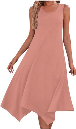 Generic Womens Summer Dress Ladies Loose Round Neck Sleeveless Tank Dress Solid Color Irregular Flare Midi Dress Womens Summer Beach Dresses Casual Cover Ups 