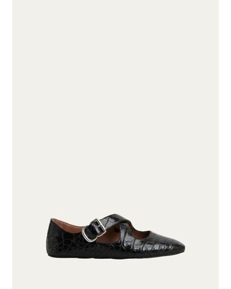 Alaia Croc-Embossed Leather Crisscross Ballerina Flats