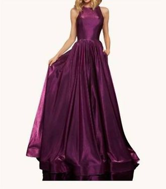 Sherri Hill Satin Shimmer Ball Gown In Dark Purple