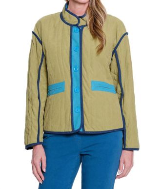 Multiples Stand Collar Button Quilted Solid Cord Lined Jacket In Olive Multi