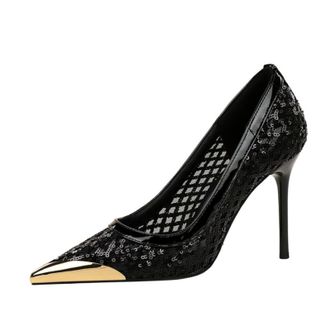 Generic Womens Stiletto Pointed Toe Pumps Stilettos 9.5cm Sequins Mesh Sexy Party Shoes Pumps-Numeric_4_Point_5 Black