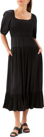 Karen Kane Smocked Puff Sleeve Midi Dress in Black at Nordstrom, Size X-Small