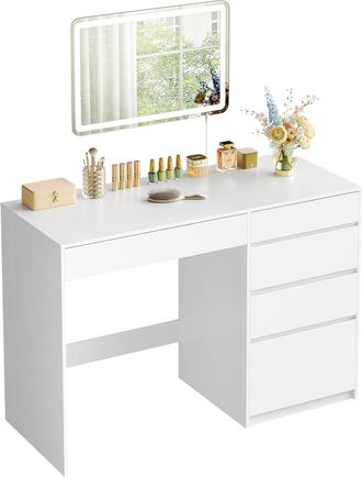 Woltu Woltu Tocador, Mesa De Maquillaje 2 En 1 Con Luces Led, Espejo Rectangular, 5 Cajones, Dise&ntilde;o Moderno, Blanco