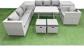 Fimous Outdoor Rattan Garden Furniture Dining Set 9-seater Patio Rectangular Table 3 Seater Sofa Armchair Set with 2 Side Tables 2 Small Stools - Fimous