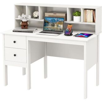 Costway Scrivania con Cassetti e Libreria, Scrivania Moderna con Prese Elettriche, 5 Vani, 2 Cassetti e Porte usb, Scrivania Salvaspazio da Ufficio e Casa