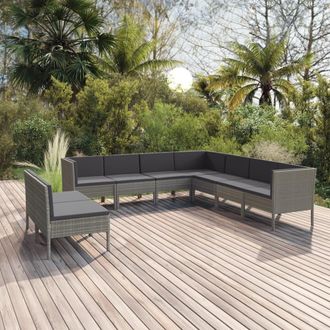 vidaXL Set De Muebles De Jard&iacute;n 9 Pzas Y Cojines Rat&aacute;n Sint&eacute;tico Gris Vidaxl