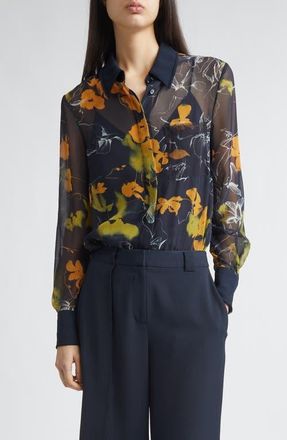 Jason Wu Shadow Floral Georgette Button-Up Shirt in Ultra Navy at Nordstrom, Size 10
