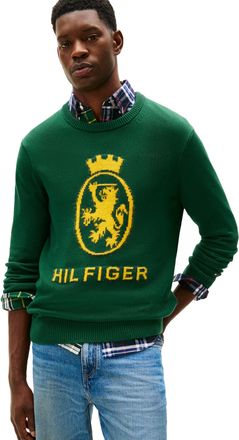 Tommy Hilfiger Mens Cotton Crest Crewneck Sweater Lightweight Pullover, Ornamental Green/Countryside Yellow, L