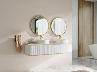 Vente-Unique Mobile bagno sospeso con scanalature con profilo dorato 2 cassetti con doppio lavabo da appoggio tondo - Bianco - 150 cm - KELIZA