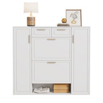 STILVORA Zapatero Con 2 Cajones, 2 Puertas, Estantes Ajustables Y Huecos Abiertos, En Mdf, Blanco, 120&times;24&times;107 Cm