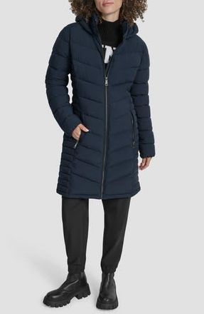 DKNY Cire Packable Hooded Longline Puffer Jacket in Dark Navy at Nordstrom Rack, Size Medium