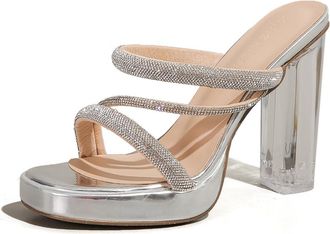 Generic MiaZane Womens Platform Mules Chunky Block Heel Rhinestone Single Strap Square Toe Slip-On Sandals Open Toe Dress Mules Elegant Heeled Slides Soft Lin