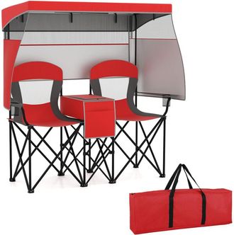 Costway Double Folding Camping Chair Outdoor Portable Loveseat w/Canopy-Red