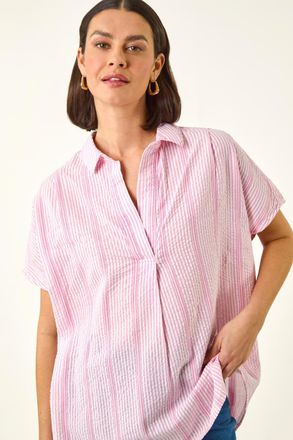 Roman Stripe Pleated Neck Top
