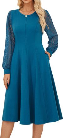 Grace Karin Ladies Business Dress Cotton Long Sleeve Midi A-Line Flowy Casual Dresses for Winter Formal Occasions S Teal