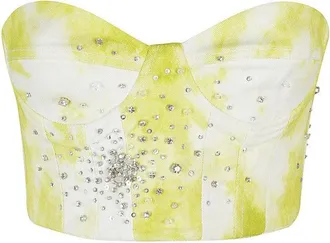 Des_Phemmes Tie Dye Embroidered Denim Bustier With Sweetheart Neckline