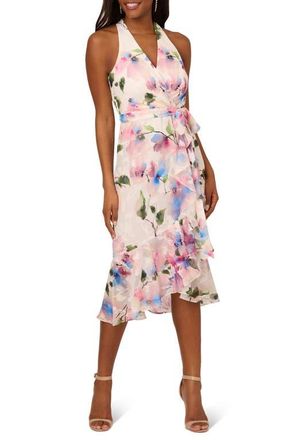Adrianna Papell Floral Tie Belt High-Low Dress in Ivory Pink Multi at Nordstrom, Size 14