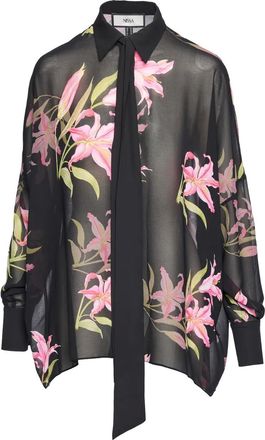 Nissa Top met bloemenprint en strik - Zwart