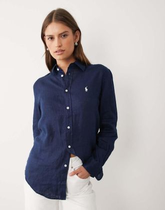 Polo Ralph Lauren camicia classica a maniche lunghe in lino blu scuro