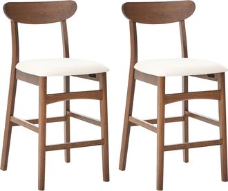 Beliani Conjunto De 2 Sillas De Bar Sin Reposabrazos Estructura De Madera De Caucho Marr&oacute;n Asiento De Tela Beige Claro Doyle