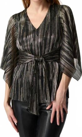 Joseph Ribkoff Pleated Foil Knit Top With Shirred Waist And Sash In Black/gold