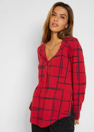 Bonprix Blusenshirt BONPRIX, Damen, Gr. 52/54 (XXL), rot (dunkelrot, schwarz), Obermaterial: 95% Baumwolle, 5% Elasthan, figurumspielend, Shirts Blusenshirt, 